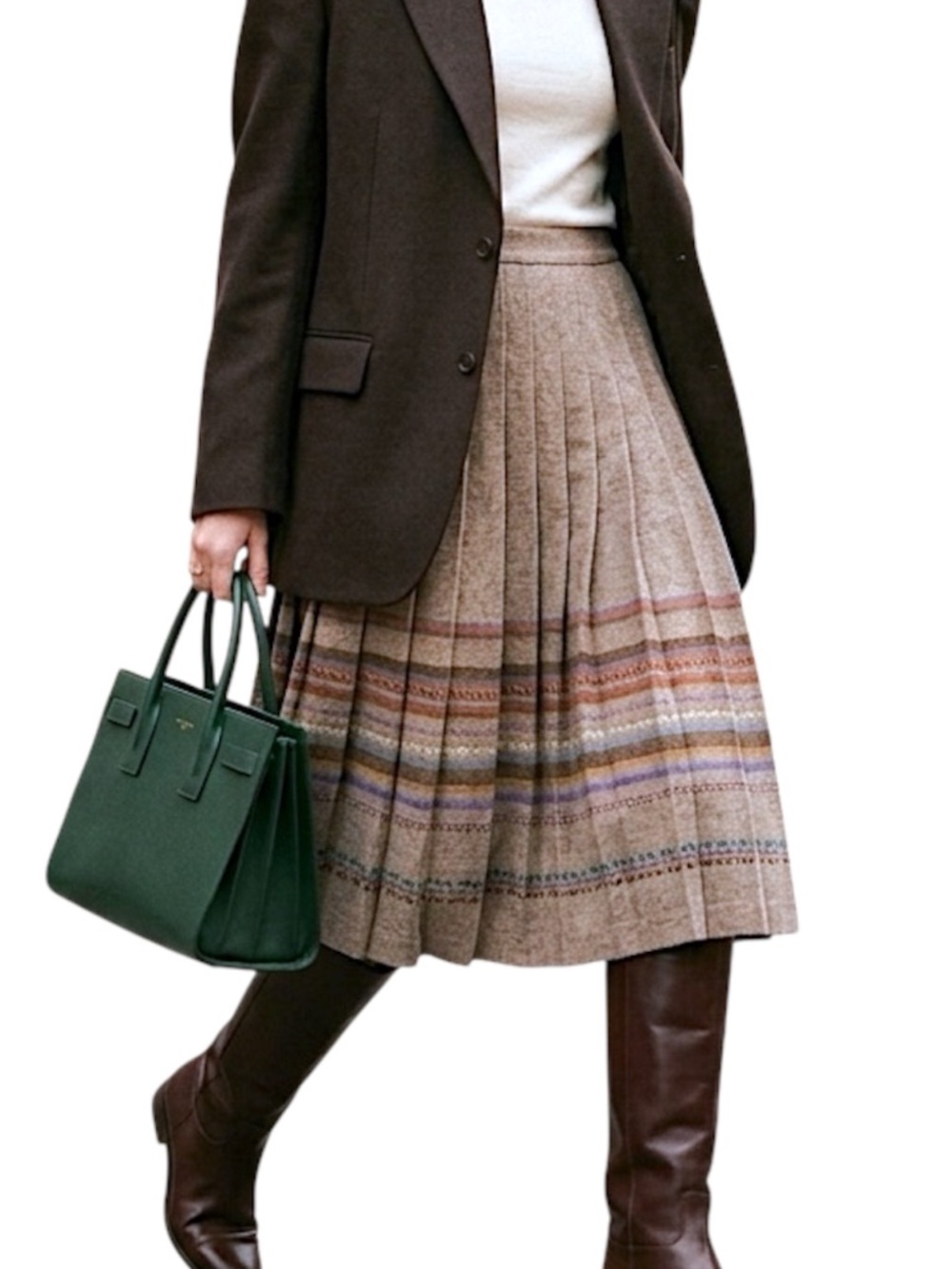 VTG 70s 80s wool blend brown knife pleated brown geometric band midi skirt 13